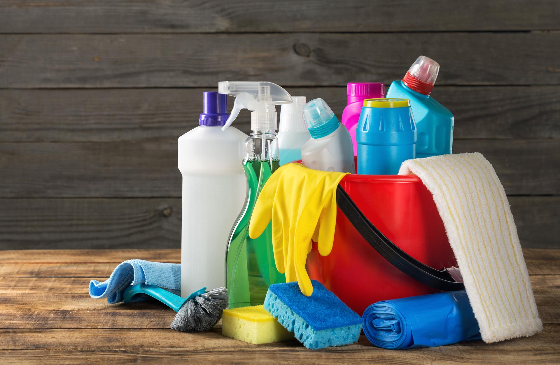 Variety house cleaning product on wood table